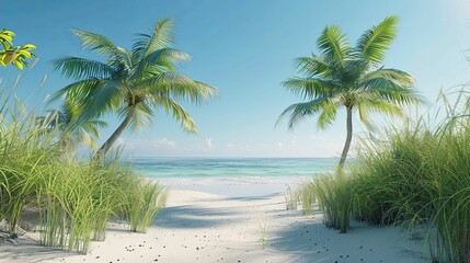 Obraz premium Palm Trees Framing a Beach Path with Blue Ocean and Sky