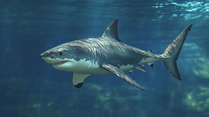 Fototapeta premium A majestic great white shark swimming effortlessly through clear, blue water, with its streamlined body and powerful tail visible in the underwater scene.