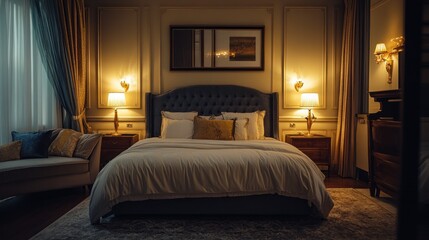 Cozy, elegantly designed bedroom with soft lighting and a comfortable atmosphere.