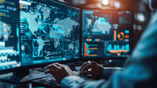 Close-up of a businessman's hands working on a modern computer with digital data at his desk in the office. Concept of office work, technology.