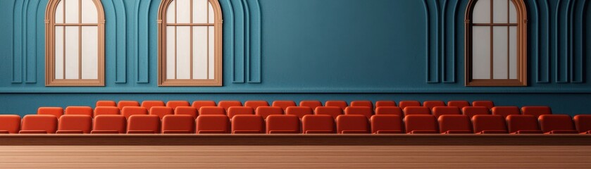 A stylish interior of a modern auditorium featuring vibrant red seats and elegant windows, perfect for events and gatherings.