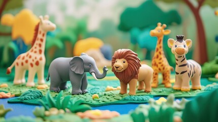 Obraz premium A group of 3D animal toys, including elephants, lions, and giraffes, on a soft play mat