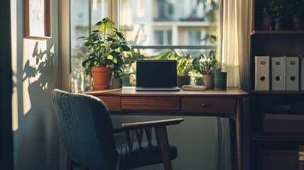 Obraz premium A cozy workspace with a laptop and plants, perfect for productivity and relaxation.