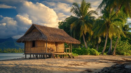 Fototapeta premium A serene beach scene featuring a thatched hut surrounded by palm trees and a tranquil sea.