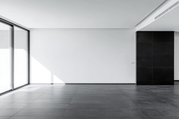 Fototapeta premium Empty room interiors in neutral tones with a mix of natural window lighting and shadows. Property interior with no furniture or decor.