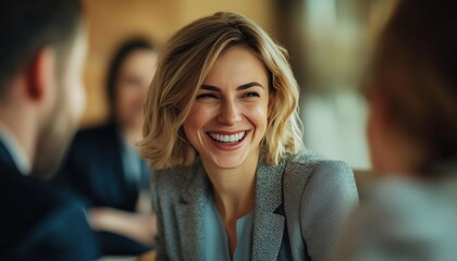 Happy Businesswoman Engaging In Discussion With Colleagues In Boardroom: Team Of Joyful Professionals Collaborating In Trendy Workplace Meeting.