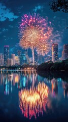 City Lights and Sky ablaze with Fireworks Reflecting on Calm Waters