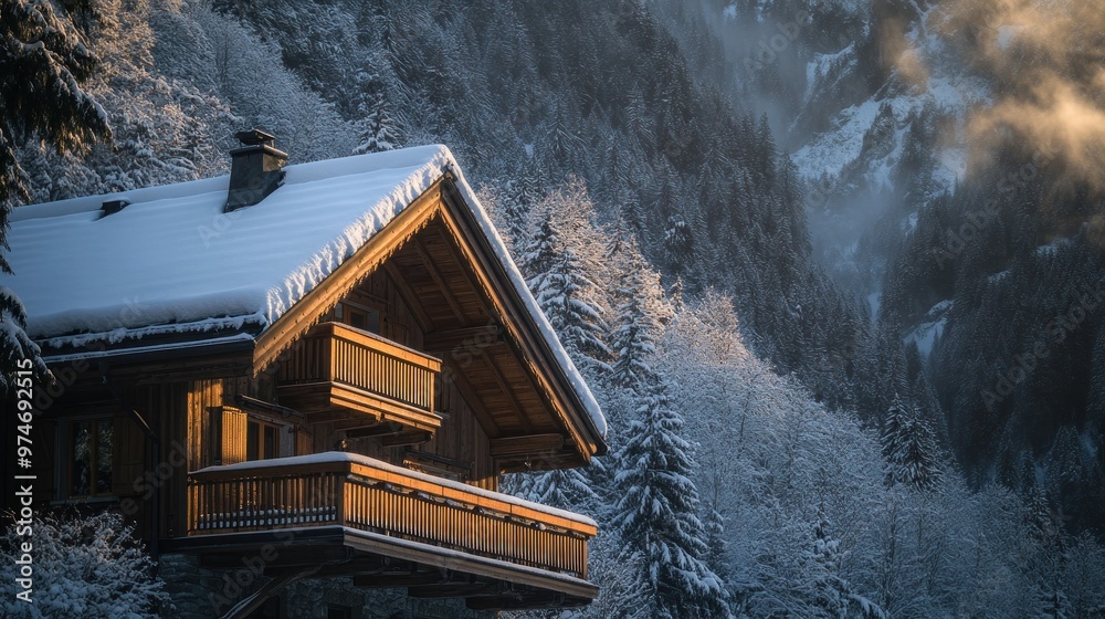 Sticker A cozy wooden chalet surrounded by snow-covered trees and mountains at dusk.