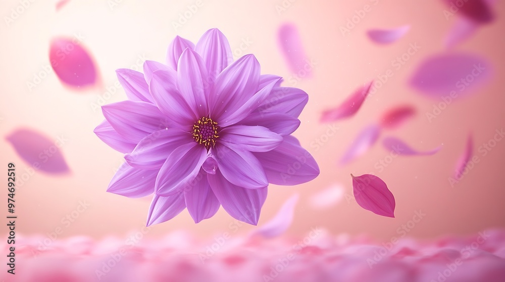 Poster beautiful fresh purple dahlia flower falling in the air isolated on pink background levitation or ze