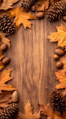 Fototapeta premium A wooden background with pine cones and leaves