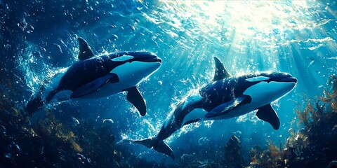 Fototapeta premium Two killer whales swimming in the ocean