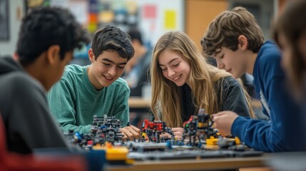 Fototapeta premium Students collaborate on robotics projects, showcasing teamwork and creativity in a classroom setting.