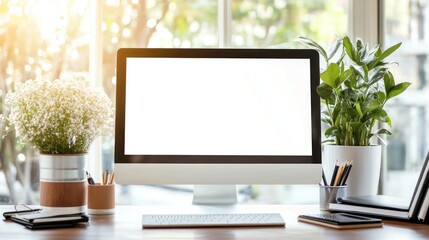 A modern workspace with a computer, plants, and natural light.