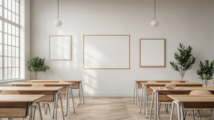Bright and minimal classroom interior featuring desks, plants, and open space for learning and creativity.