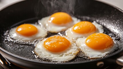A non-stick frying pan with eggs frying perfectly in the center, with the golden yolks standing out against the black pan surface.