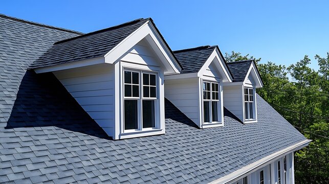 Dormer windows on the sloped shingle roof of a newly built house in Brighton Massachusetts USA : Generative AI