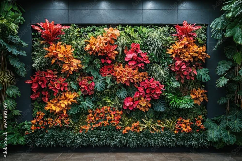 Sticker lush vertical garden with diverse tropical plants in vibrant colors creating stunning contrast again