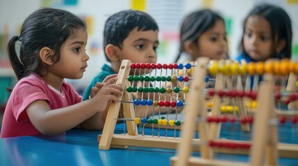 Children learning with colorful abacuses in a classroom setting.