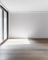Empty room interiors in neutral tones with a mix of natural window lighting and shadows. Property interior with no furniture or decor.