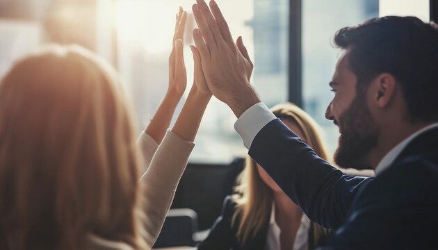 Female Business Executive High-Fiving Male Colleague In Boardroom Meeting. Professionals Give High-Fives In Business Meeting Setting.
