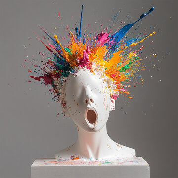 Statue of a human head manekin or figurine with multicolored paint exploding from the back of it and splattering into the air