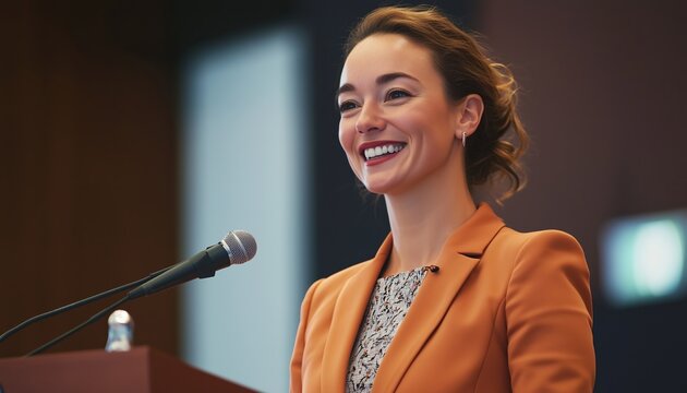 Successful Businesswoman Delivering A Speech At A Conference, Showcasing Her Professionalism And Delivering A Successful Presentation To The Audience.
