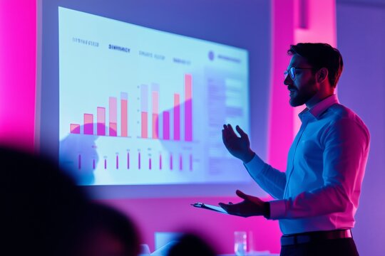 A young business professional speaker on stage at lectern making a speech with a projected visualization behind him in a meeting room. Generative AI