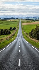 A Serene Stretch of Road, Where the Horizon Beckons, and the Sky Meets the Earth in a Symphony of Green and Blue.