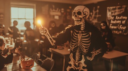 A lively classroom scene with a skeleton holding a candle, surrounded by students in Halloween costumes, celebrating the festive spirit.