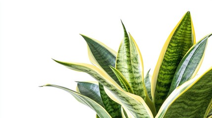 Obraz premium A close-up of a vibrant snake plant with green and yellow striped leaves.