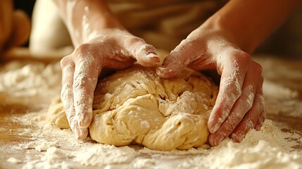 Crafting Artisan Bread: Hands Kneading Dough in Rustic Kitchen Ambiance
