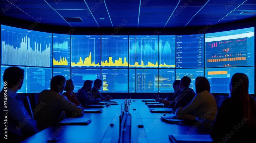 Aufkleber A panoramic view of a meeting room with a large screen displaying dynamic financial graphs and charts, with businesspeople discussing strategies and trends.