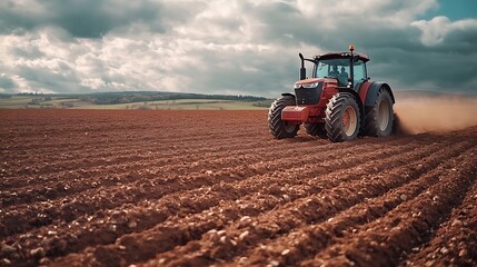 Fototapeta premium Farmer in tractor ploughing field on cloudy day : Generative AI