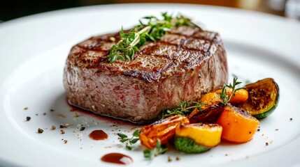 A perfectly cooked steak with a medium-rare center, garnished with fresh herbs and served with a side of roasted vegetables on a white plate.
