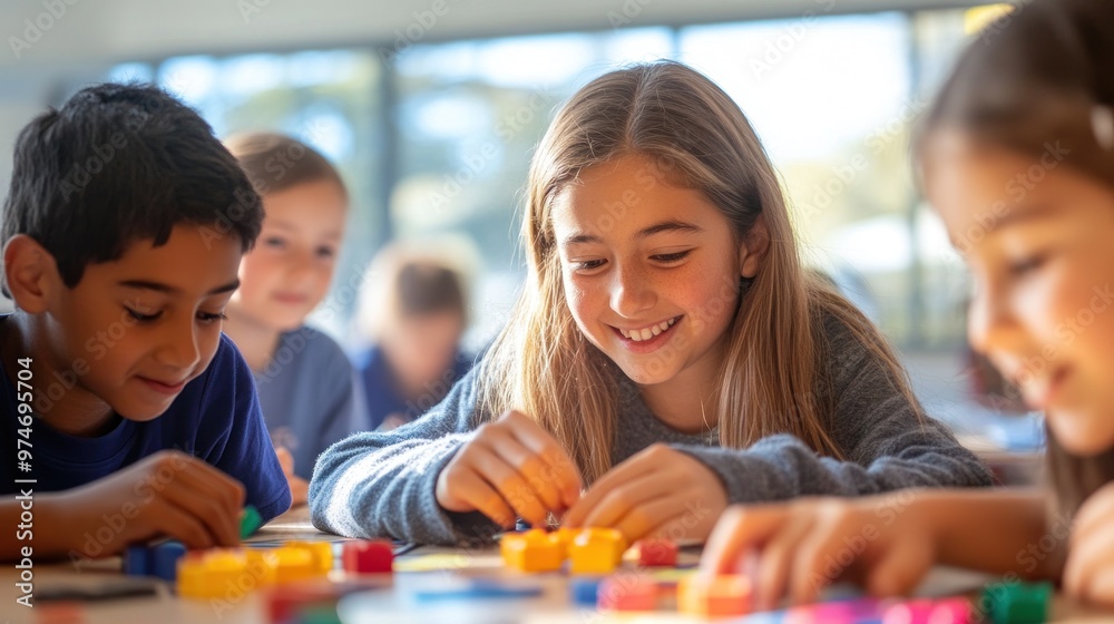 Sticker Children engaged in a creative activity with colorful building blocks, fostering collaboration.