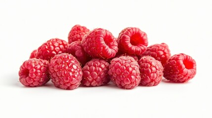 A pile of fresh raspberries arranged on a white background.