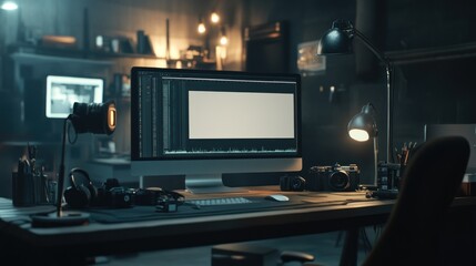 Naklejka premium A modern workspace featuring a computer, cameras, and creative tools for digital projects.