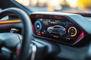 Modern car dashboard with digital display showing a car model