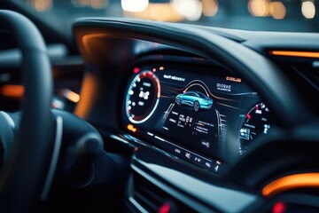 Modern car dashboard with digital display showing a car model