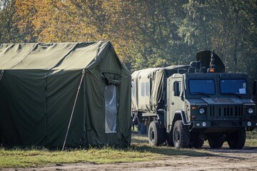 Military medical tent alongside an army truck at a European base during a training operation