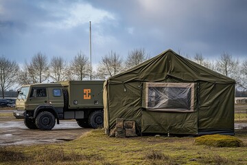 Military medical tent beside an army truck at a European base during uncertain times