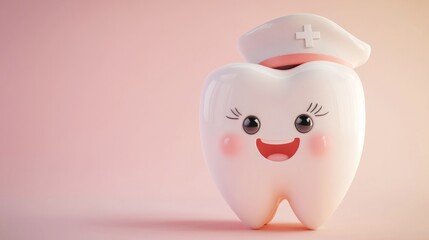 A 3D cute tooth character wearing a nurse hat, ready to provide dental care