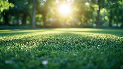 Naklejka premium Closeup of beautiful green lawn in park Action Movement on surface of green lawn in park on sunny summer day Beautiful manicured lawn in park : Generative AI