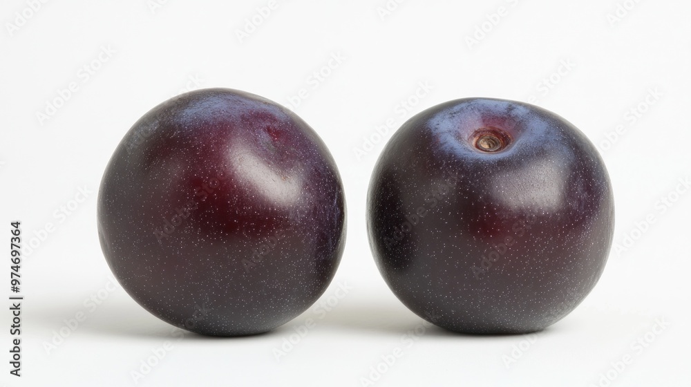 Sticker Two ripe plums on a white background, showcasing their smooth, shiny skin.