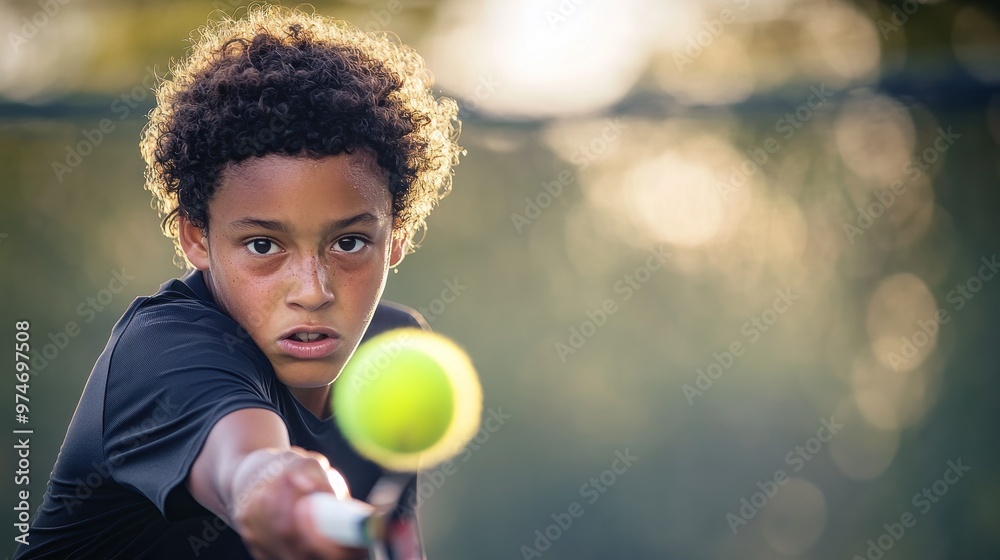 Poster A young athlete focuses intently while playing tennis, preparing to hit the ball.