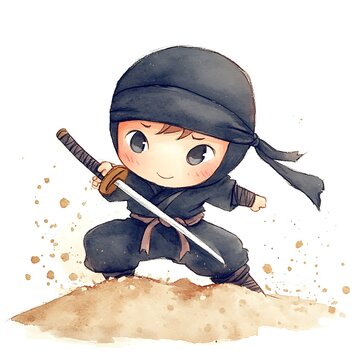 recommend clip art: Cute Cartoon Ninja Holding a Sword Watercolor Illustration.