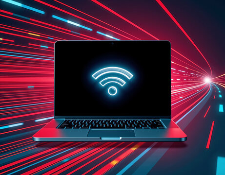 high speed internet concept notebook with wifi symbol and speed of light background