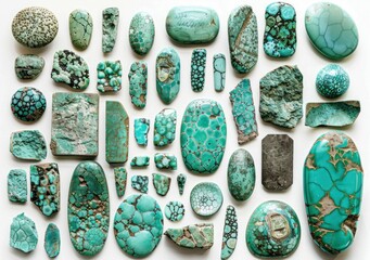 A collection of turquoise gemstones showcasing various shapes and textures on a neutral background