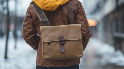 Man hold brown shoulder canvas bag in hand : Generative AI