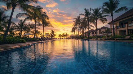 Obraz premium Serene sunset over a tranquil pool surrounded by palm trees and resort buildings.